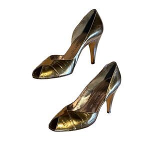 BRUNO MAGLI - TUSCAN GOLD OPEN TOE / PEEP TOE 3” PUMPS / HEELS - GOOD COND. - S7